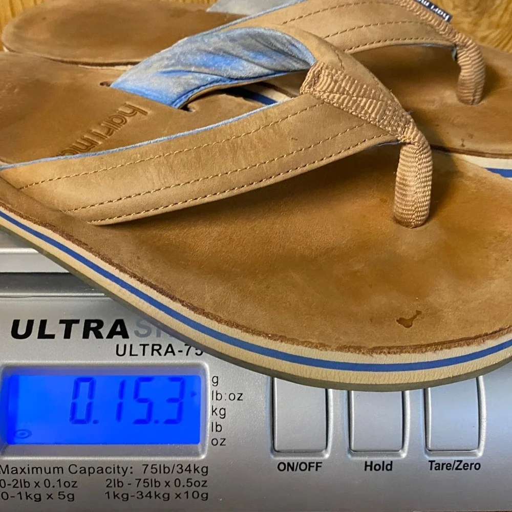 Hari Mari Fields Men 7 Tan Nubuck Leather Flip Flops Navy Blue Stripe Sandals
